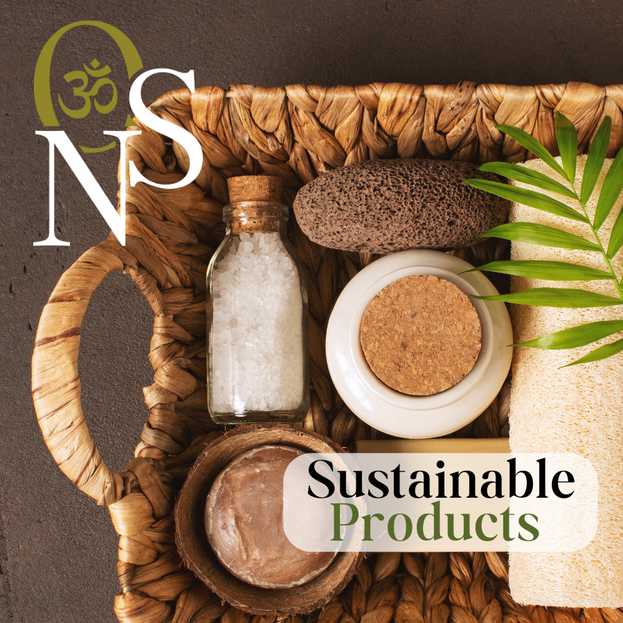 Image of a basket with bath sponge, bath salts and other bath related items inside. The Om Shopping network logo and the words "sustainable products" overlay the image